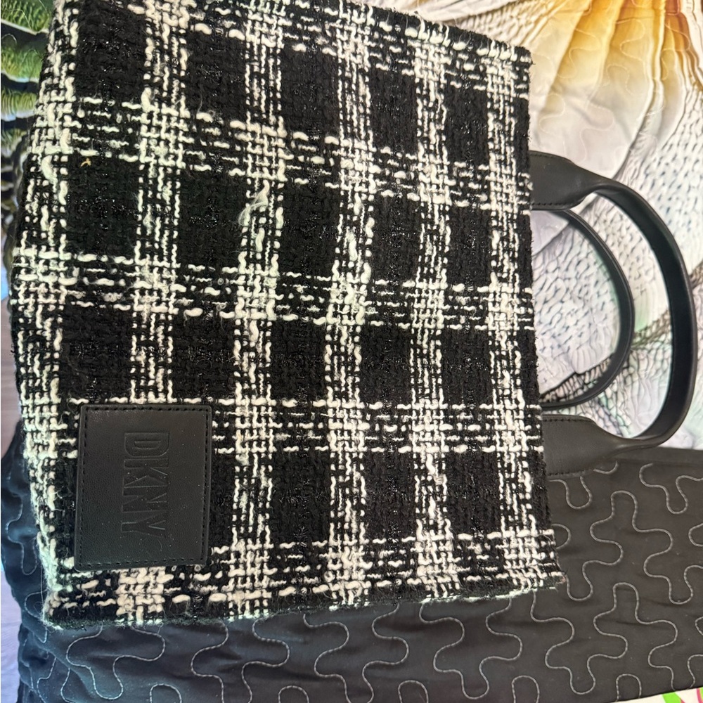 DKNY Black and White Plaid Tote Bag